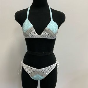 Crochet Knit Bikini set - blue & white